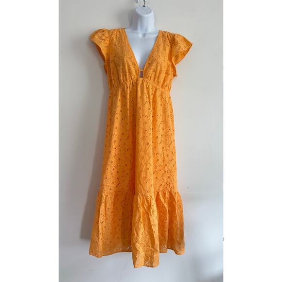 Rails Dresses & Skirts - Rails Eyelet Midi Dress XS Marigold Cotton Flutter Sleeve Lined Boho Summer